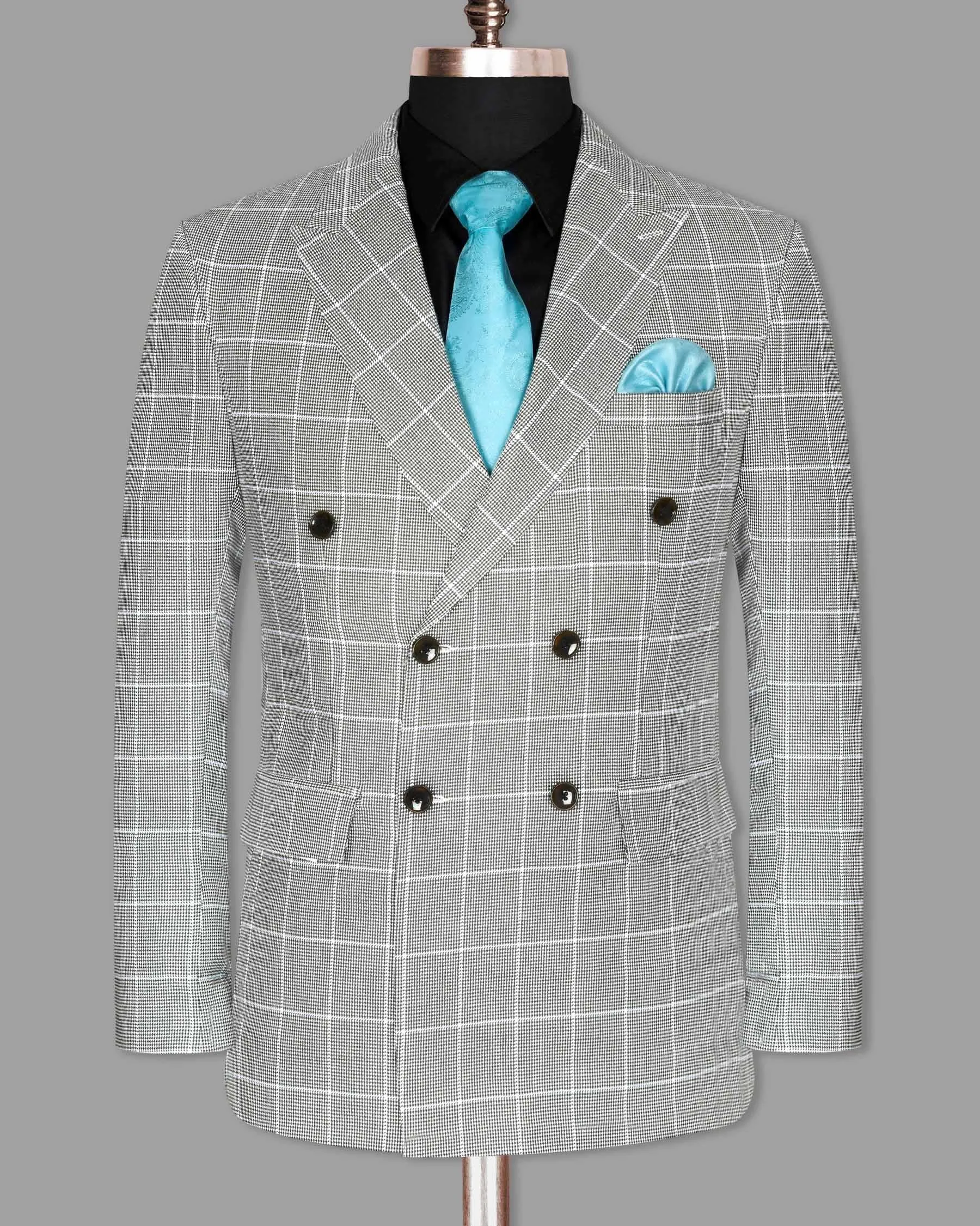 Black and White Houndstooth Windowpane Stretchable Double Breasted traveler Blazer