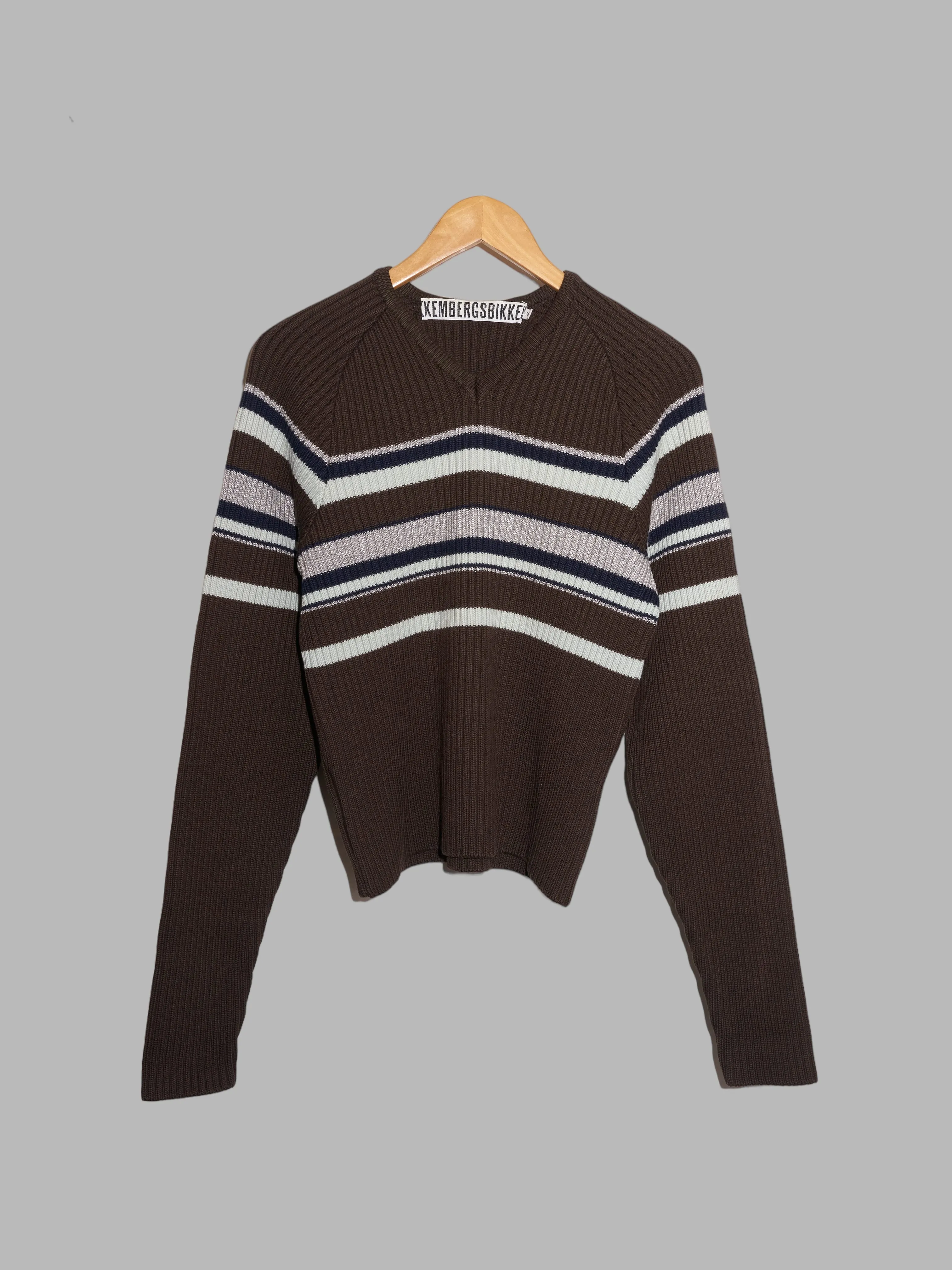 Dirk Bikkembergs brown wool rib knit striped v-neck jumper - M