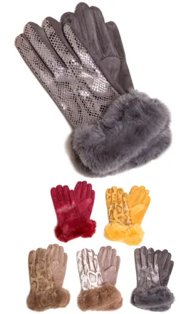 JG845 Snake-Skin Print Screen-Touch Gloves W/Fur Cuffs