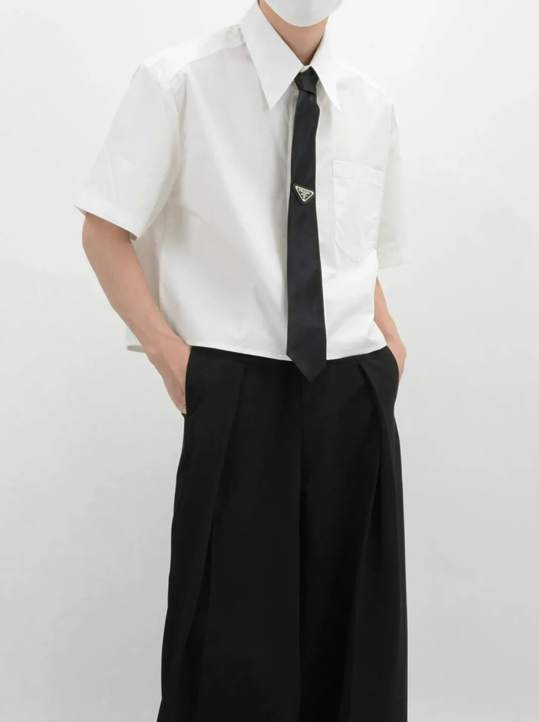 Oversized Short Sleeve Mid-Crop Shirt with Chest Pocket Detail