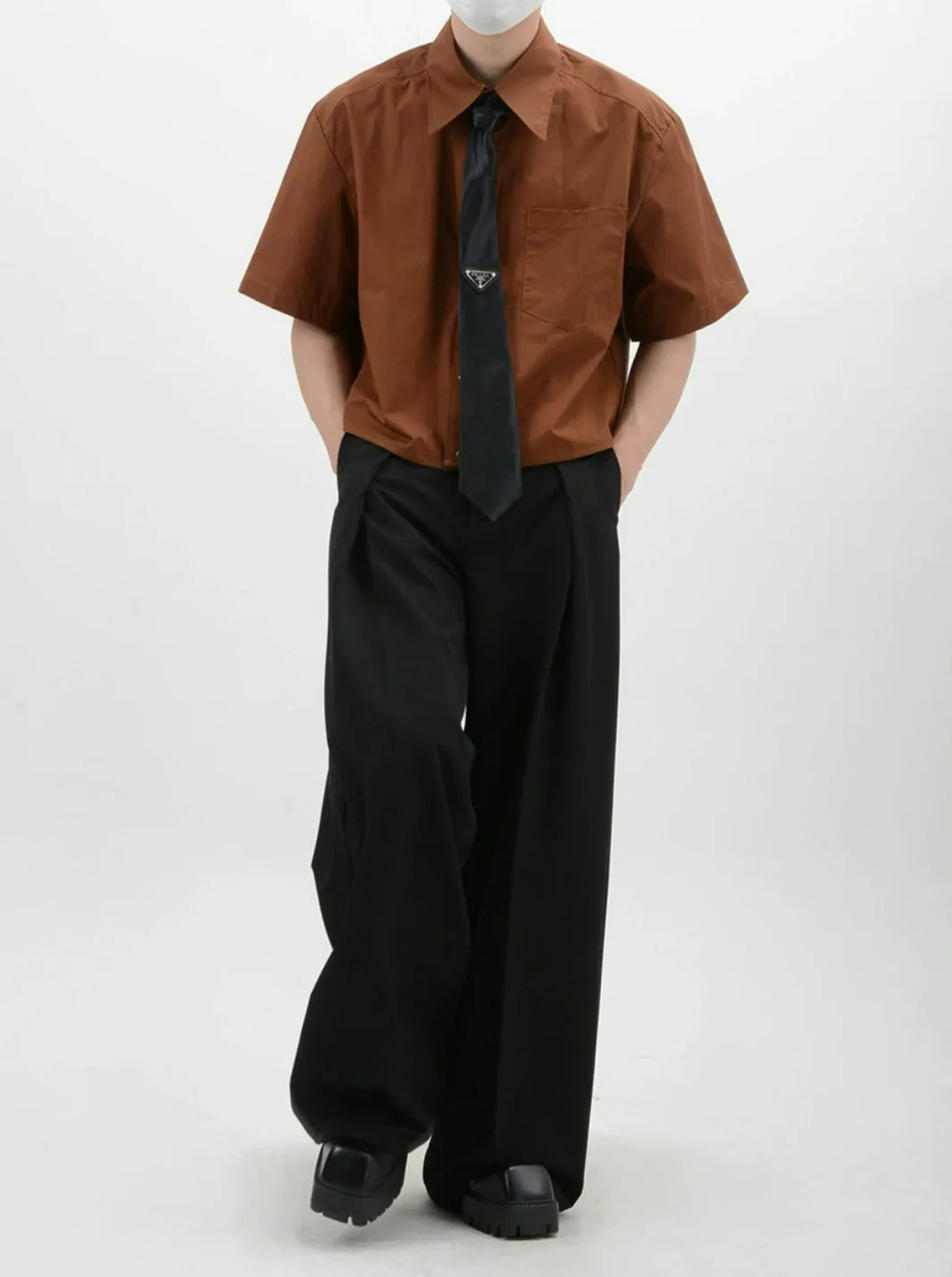 Oversized Short Sleeve Mid-Crop Shirt with Chest Pocket Detail