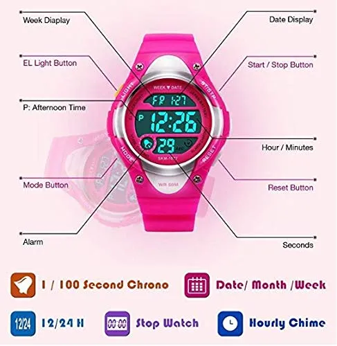 V2A Kids Pink LED Backlight Waterproof Digital Sports Casual Watch For Boys And Girls